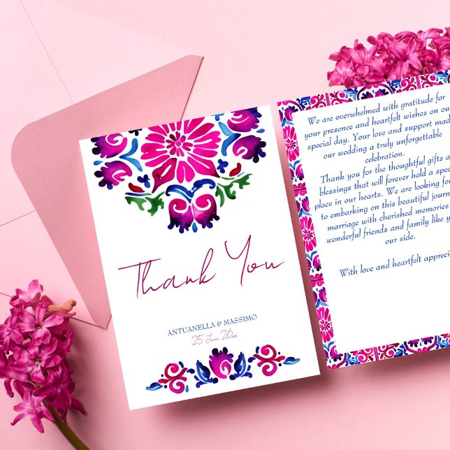 Rosa blå mexikanska talavera-plattor bröllop tack kort (Pink blue Mexican talavera azulejo tiles wedding Thank You Cards)