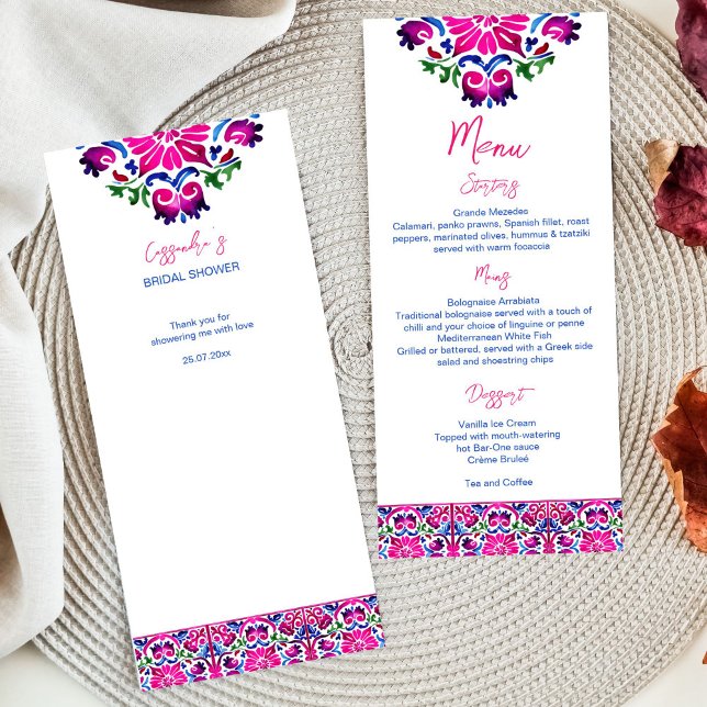Rosa blå mexikanska Talavera-plattor Meny (Pink magenta blue Mexican Talavera tiles pattern bridal shower wedding menu card bright colorful)