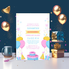 rosa blå och gult, färgstark quinceañera inbjudningar