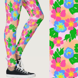 Rosa Blå Och Orange Tropiska Blommor Mönstrade Leggings