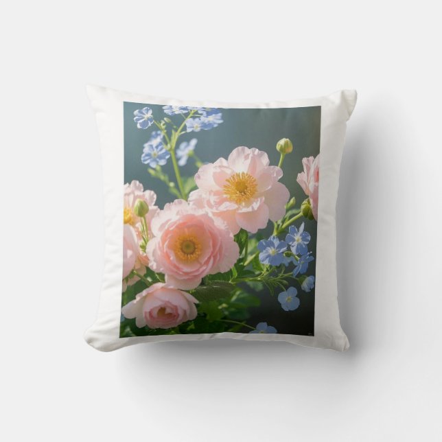 Rosa Blå ömtåliga blommor Kudde (Framsida)