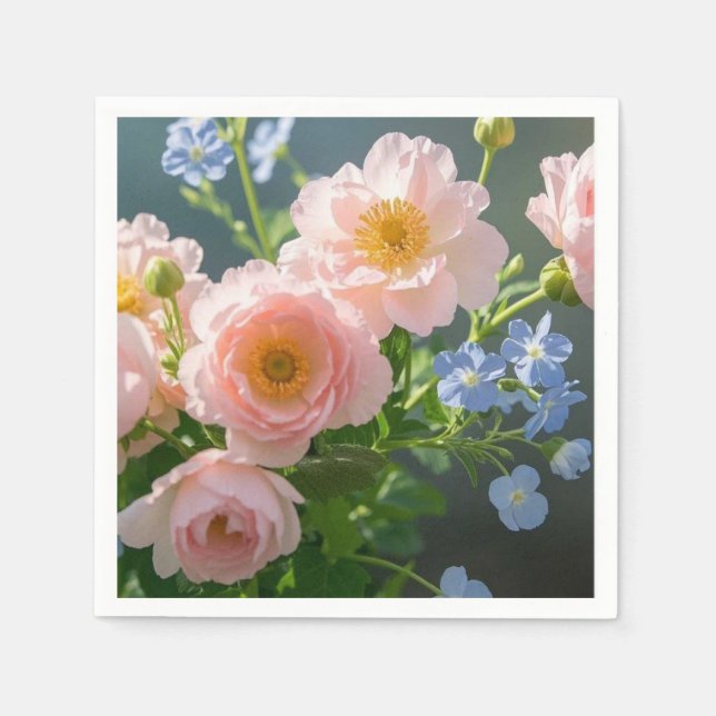 Rosa Blå ömtåliga blommor Pappersservett (Framsidan)