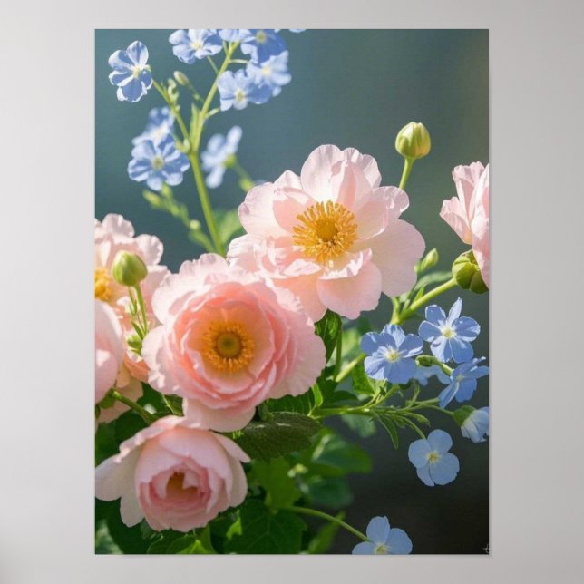 Rosa Blå ömtåliga blommor Poster (Framsidan)