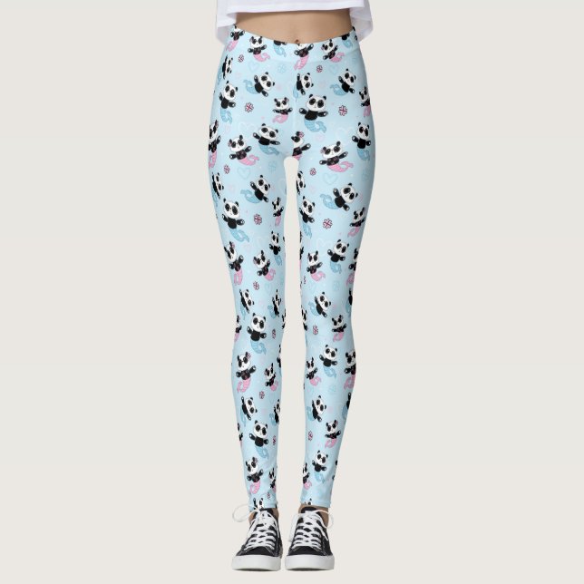 Rosa Blå Panda Björn Självågot Mönster Leggings (Framsida)