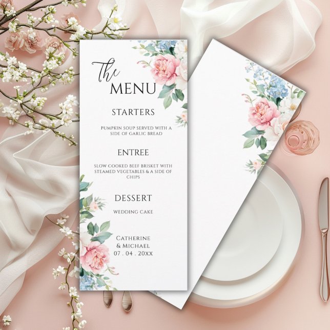 Rosa Blå Peonies Blommig Elegant Bröllop Meny (Skapare uppladdad)