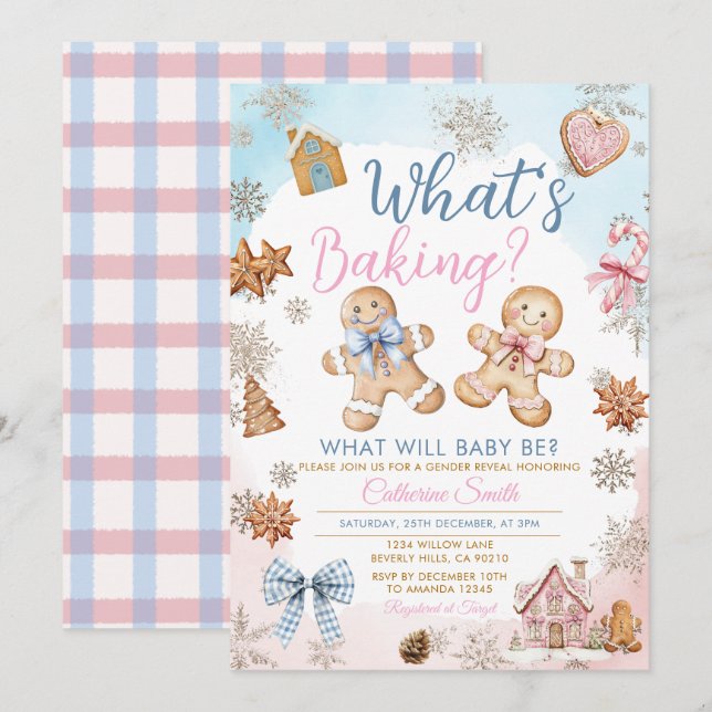 Rosa Blå Pepparkakskönsbestämning Inbjudningar (Fram/baksida)