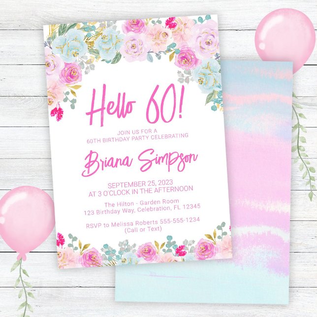 Rosa Blå Persika Lila Blommig 60-års Födelsedagsfe Inbjudningar (Skapare uppladdad)