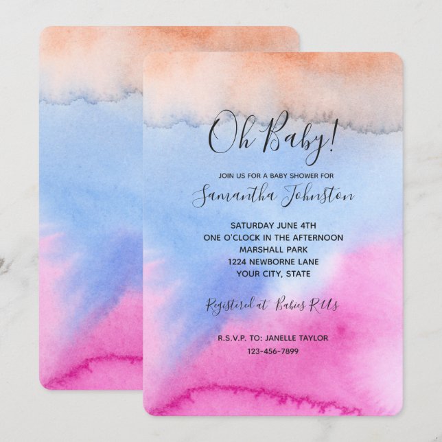 Rosa Blå Persika Tie Dye Bebis Shower Inbjudningar (Fram/baksida)