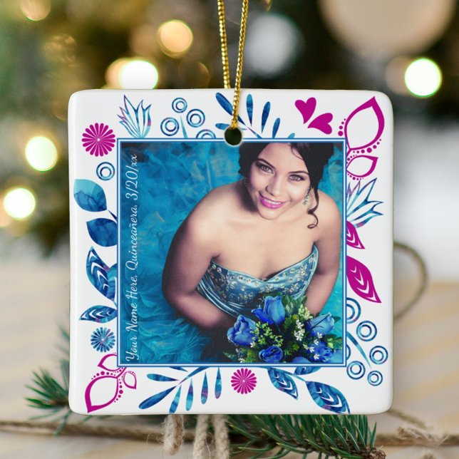 Rosa, blå Quinceanera-julfoto Ornament (blue pink quinceanera photo ornament blue mis quince keepsake gift flowers hearts royal blue pink)