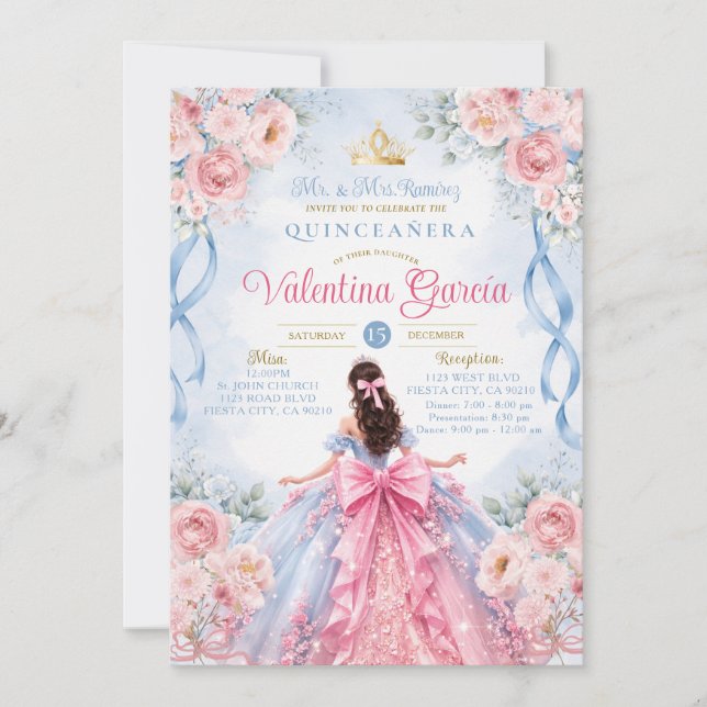 Rosa Blå Rosor Quinceañera Inbjudan (Framsida)