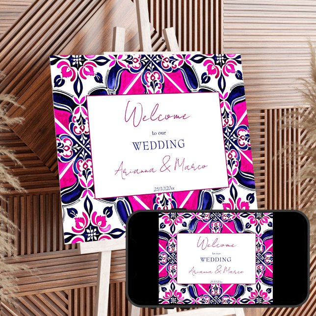 Rosa blå spanska Talavera-plattor bröllop välkomme Poster (Pink blue Spanish Talavera Mexican tiles wedding welcome sign Poster editable template download)
