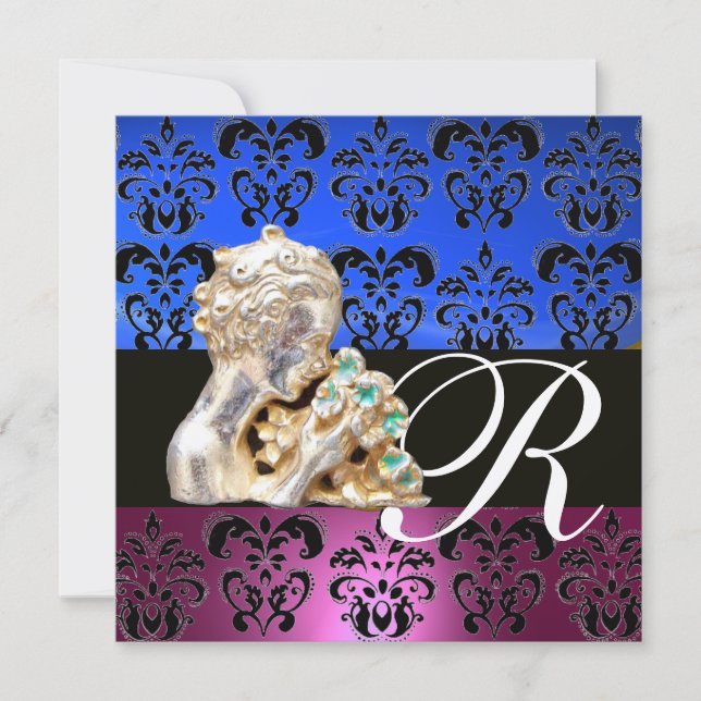 ROSA, BLÅ, SVART, LILA, DAMASK JUWEL MONOGRAM INBJUDNINGAR (Framsida)