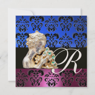 ROSA, BLÅ, SVART, LILA, DAMASK JUWEL MONOGRAM INBJUDNINGAR