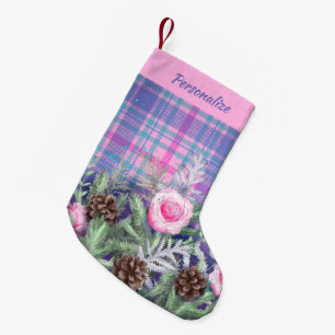 Rosa Blå Tartan Rosor Kottar Personlig Liten Julstrumpa