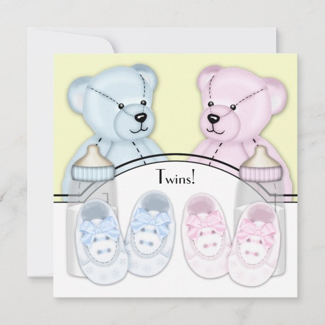 Rosa Blå Teddybjörn Tvilling Bebis Bjudning Inbjudningar (Framsida)