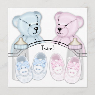 Rosa Blå Teddybjörn Tvilling Bebis Shower Inbjudni Inbjudningar