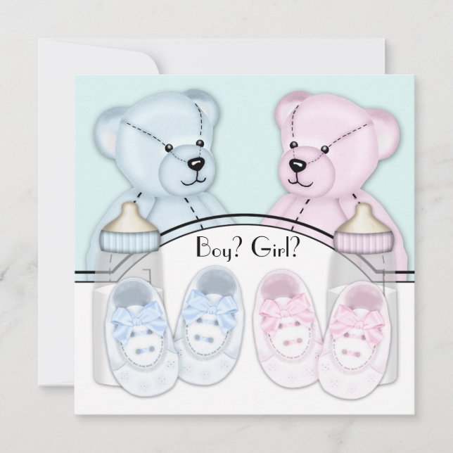 Rosa Blå Teddygosse Könupptäckt Inbjudningar (Framsida)
