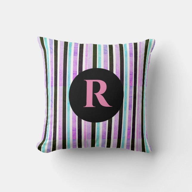 Rosa Blå Textur Ränder Mönster Monogram Kudde (Framsida)