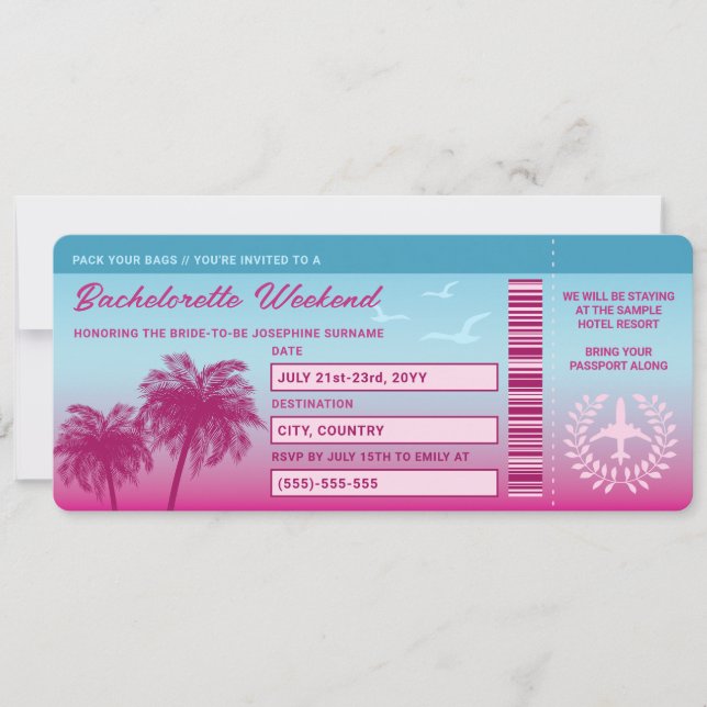 Rosa Blå Tropisk Sjungmöresa Boardingpass Inbjudningar (Framsida)