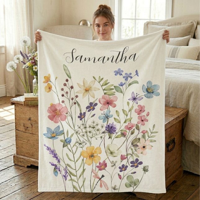 Rosa Blå Vildblomma Akvarell Namn  Fleecefilt (Skapare uppladdad)