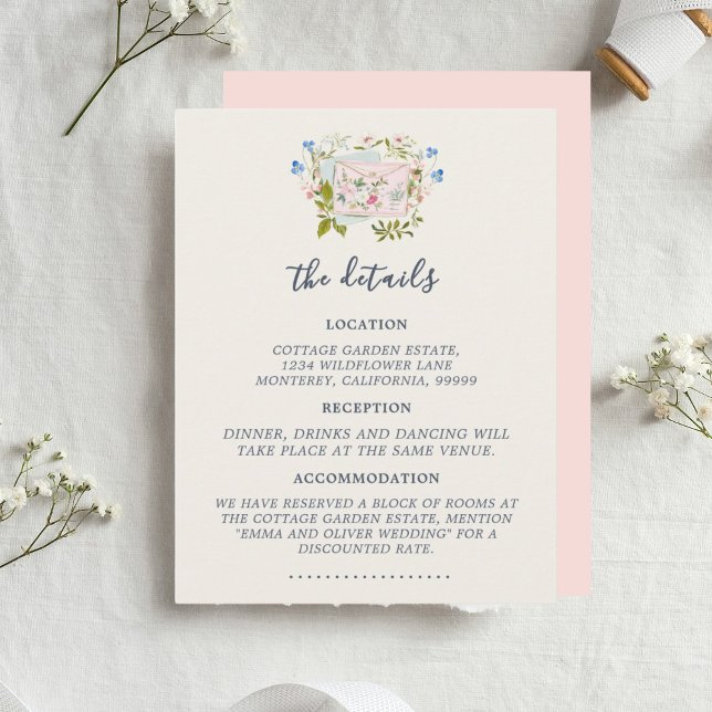 Rosa Blå Vildblommor Romantisk Trädgårdsbröllop Tilläggskort (Pink Blue Wildflowers Romantic Garden Wedding Enclosure Card)