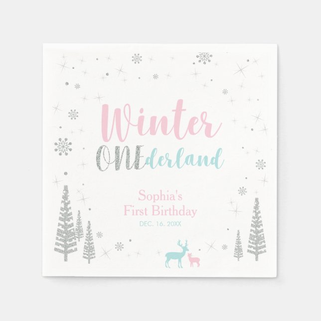 Rosa & Blå Vinter Onederland Flicka 1-årsdag Pappersservett (Framsidan)