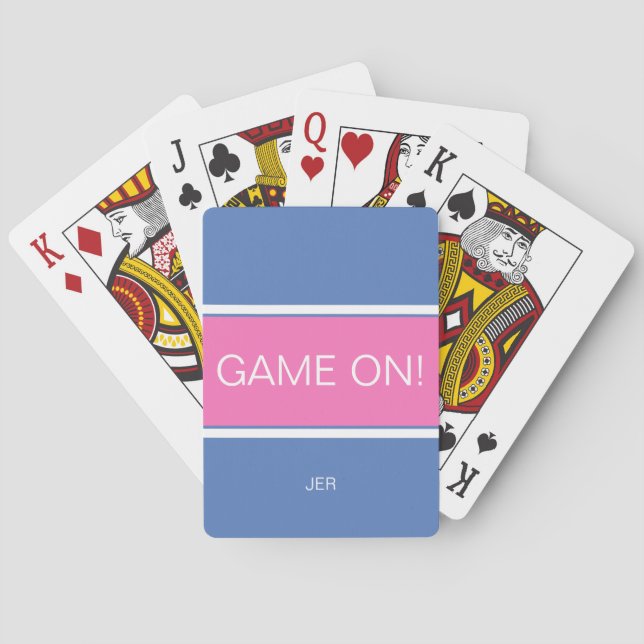 Rosa, Blå & Vit GAME ON Citerad Monogrammerad Casinokort (Baksidan)