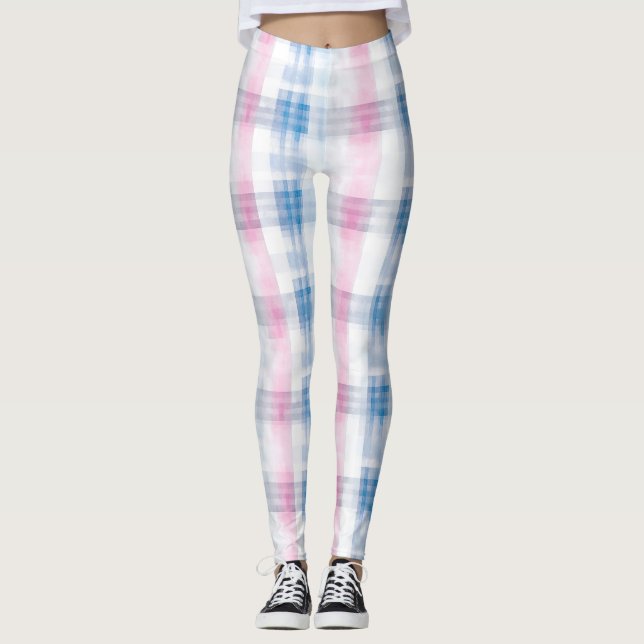 Rosa Blå Vit Rutig Randig Leggings (Framsida)