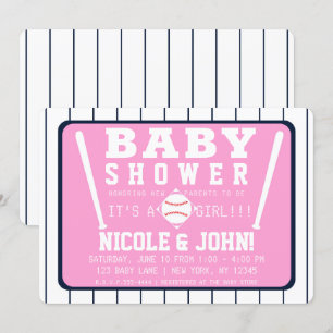 Rosa Blå & Vita Randiga Baseboll Baby Shower Inbjudningar