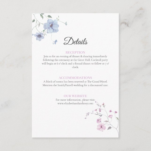 Rosa & Blå Whimsical Blommig Bröllopsdetalj Tilläggskort (Framsida)