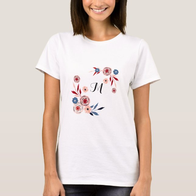 Rosa, blåa blommor, blommönster, personlig t shirt (Framsida)