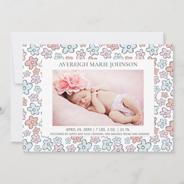 Rosa Blåa blommor Girl Photo Birth Notice Meddelande (Framsida)