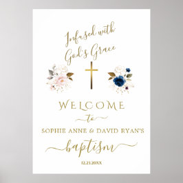 Rosa Blåa blommor Guld Twillingar Baptism Välkomst Poster