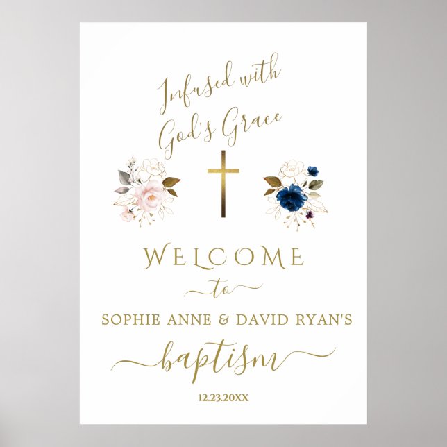 Rosa Blåa blommor Guld Twillingar Baptism Välkomst Poster (Framsidan)