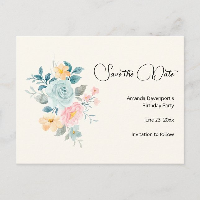 Rosa & Blåa blommor - Spara datumet på födelsedage Inbjudan Vykort (Framsida)