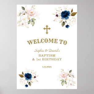 Rosa Blåa blommor Twillingar 1:a födelsedag Välkom Poster