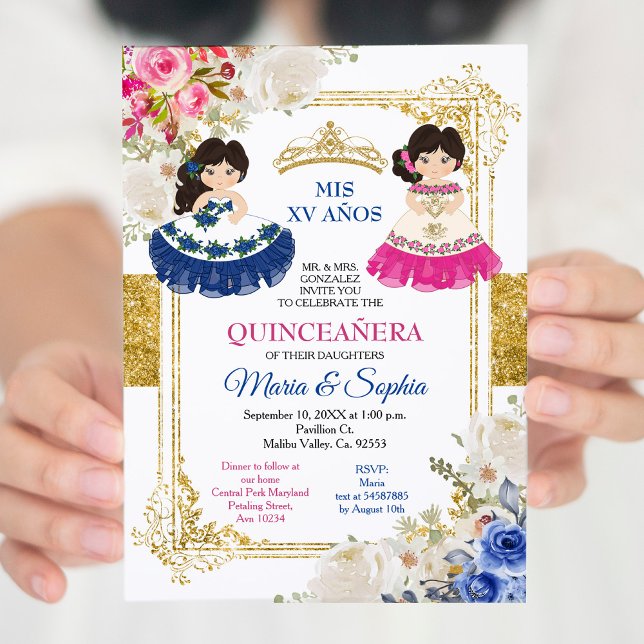 Rosa & Blåa blommor Twin Quinceanera Inbjudningar (Skapare uppladdad)