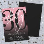 Rosa Black 30års födelsedag Party-inbjudan Inbjudningar<br><div class="desc">Fira trettio år i stil med denna moderna inbjudan till 30års födelsedag-partiet rosa till svart gradient. Utformningen har ett stort svart "30" på merparten av kortet, med ett handskrivet skript-stil-vitt "30"-lager över det för ett fet, contemporary utseende. Party-detaljerna sitter nära grund i ett rent och modernt sans serif-teckensnitt, vilket gör...</div>
