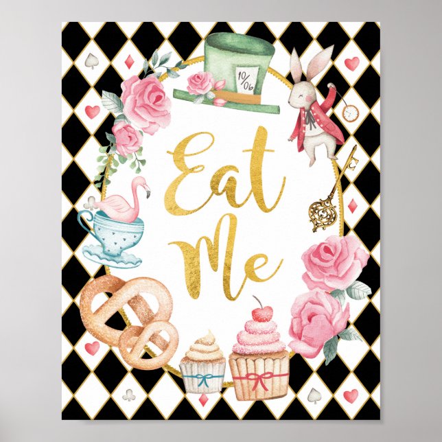 Rosa Black Alice i Wonderland EAT ME Party Sign Poster (Framsidan)