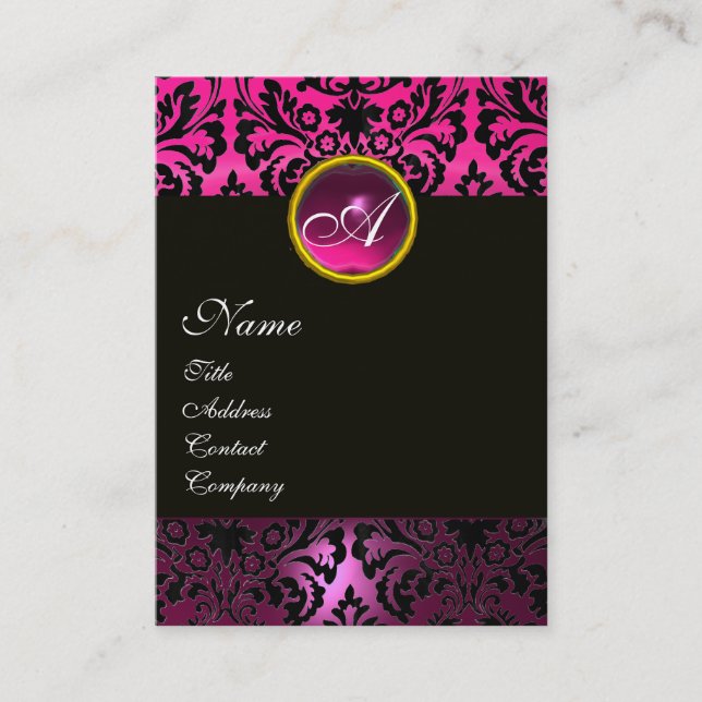 ROSA BLACK AMETHYST DAMASK MONOGRAM Fuchsia Blommi Visitkort (Framsida)