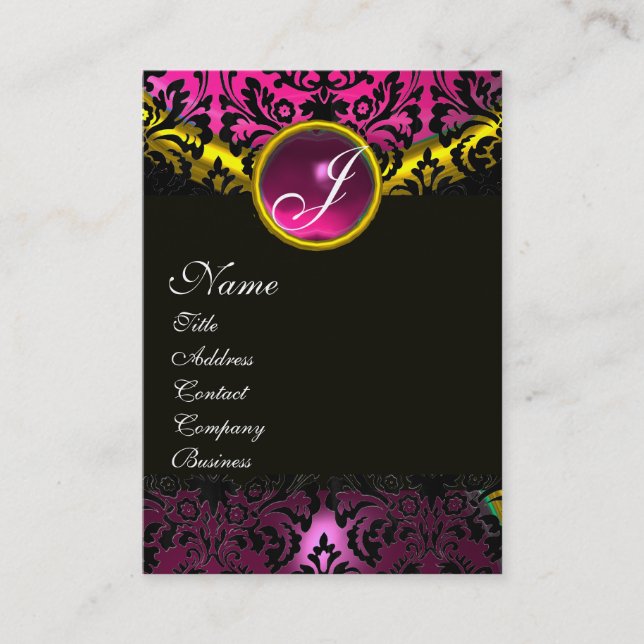 ROSA BLACK AMETHYST DAMASK MONOGRAM ,fuchsia guld Visitkort (Framsida)