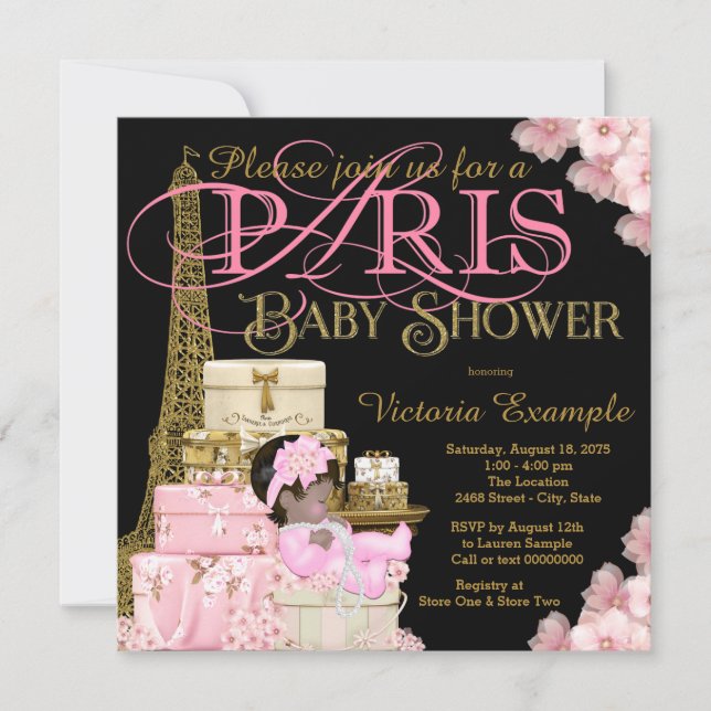 Rosa Black and Guld Paris Ethnic Girl Baby Shower Inbjudningar (Framsida)