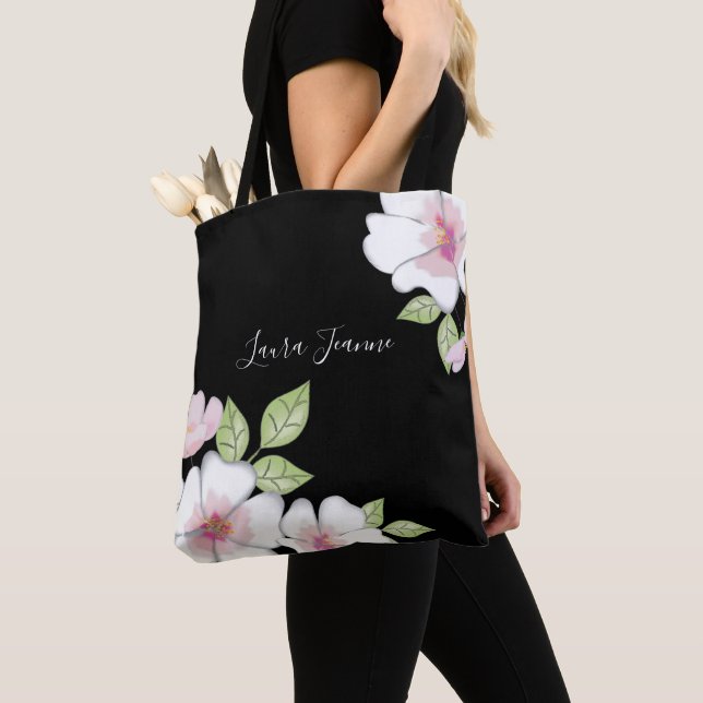 Rosa Black Anpassningsbar Blommigt Botaniska Blomm Tygkasse (Närbild)