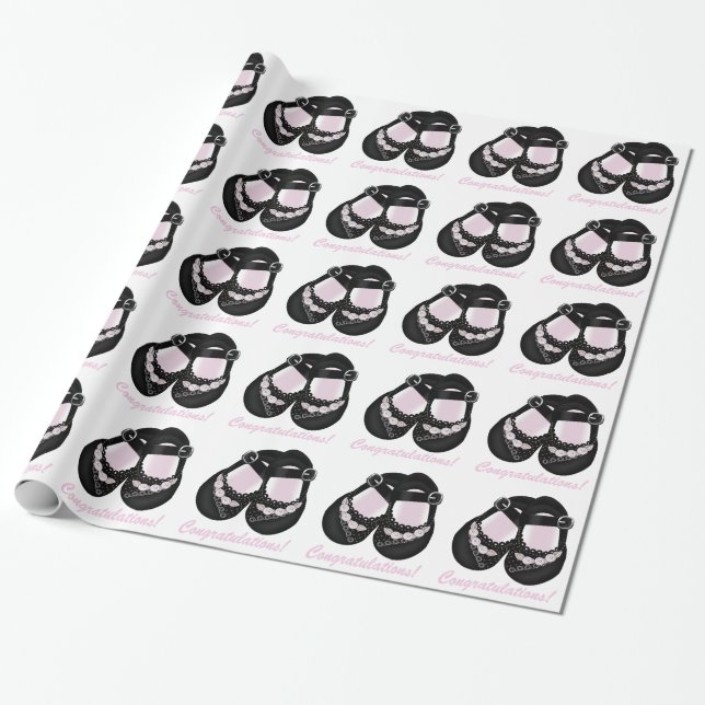 Rosa Black Baby Shoes Baby Shower Wrapping Papper Presentpapper (Utrullad)