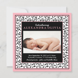 Rosa Black Blommigt Baby Photo Birth Notice Meddelande