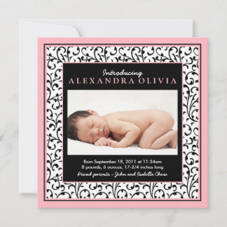 Rosa Black Blommigt Baby Photo Birth Notice Meddelande