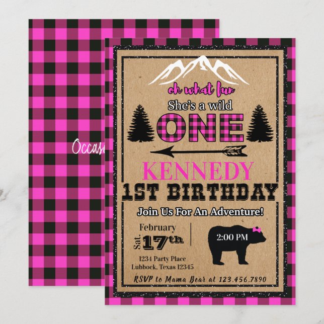Rosa Black Buffalo Plaid Girl Birthday bjudande Inbjudningar (Fram/baksida)