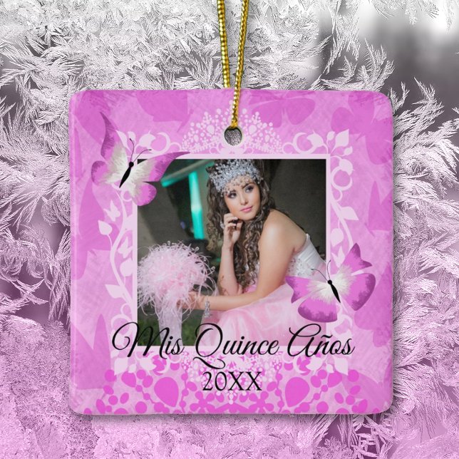 Rosa, Black Butterflies Quinceanera Photo Julgransprydnad Keramik (pink butterfly quinceanera christmas ornament pink mis quince anos pink quinceanera gifts)