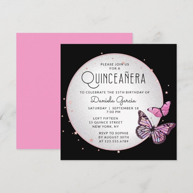 Rosa Black Butterflies Stars Modern Quinceañera Inbjudningar (Fram/baksida)