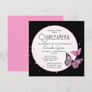 Rosa Black Butterflies Stars Modern Quinceañera Inbjudningar